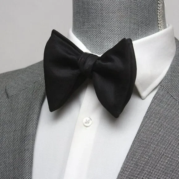 Men's Self tied Bow Tie Black Big Butterfly Bow‎ tie Silk Linen Pin Strip…